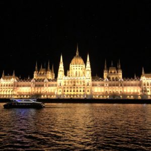 Danube River Cruising Past the Parliament in Budapest at Night